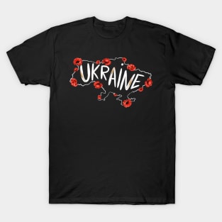 Map of Ukraine with red poppies and  text in English Ukraine. T-Shirt